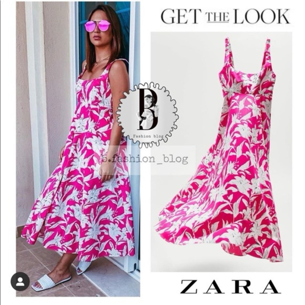 Zara Poplin Pink & White Floral Midi Dress Blogger Fav.  Size XS.  Like new.